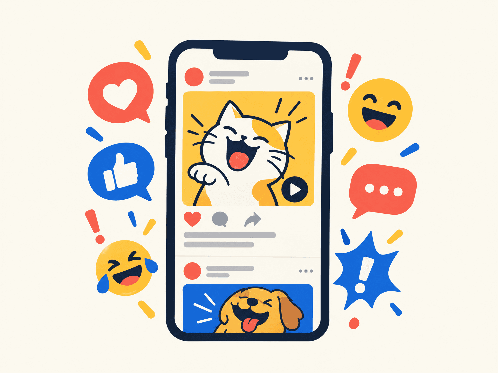 Ilustrasi feed Jomok.id yang menampilkan kartu jokes dan interaksi sosial.